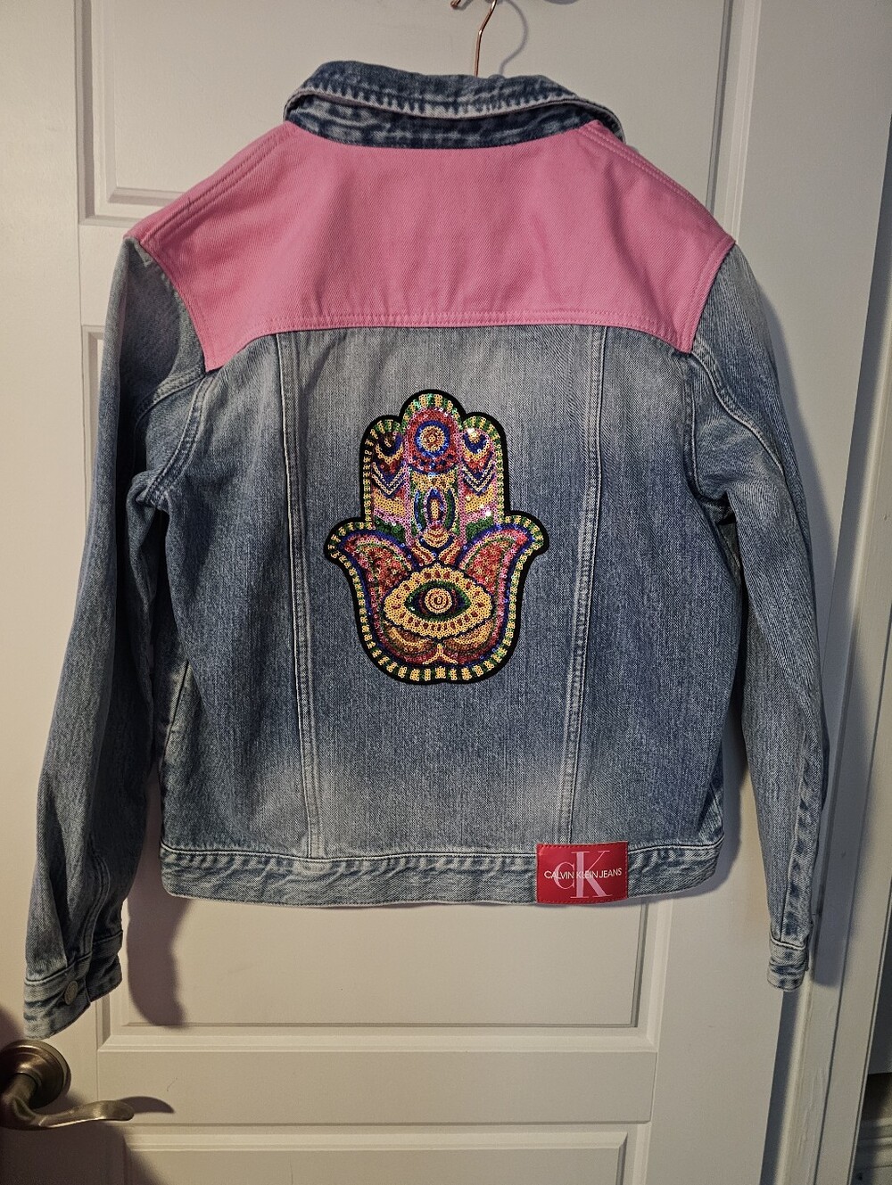 Upcycled CK Denim jacket Size Large Evil Eye